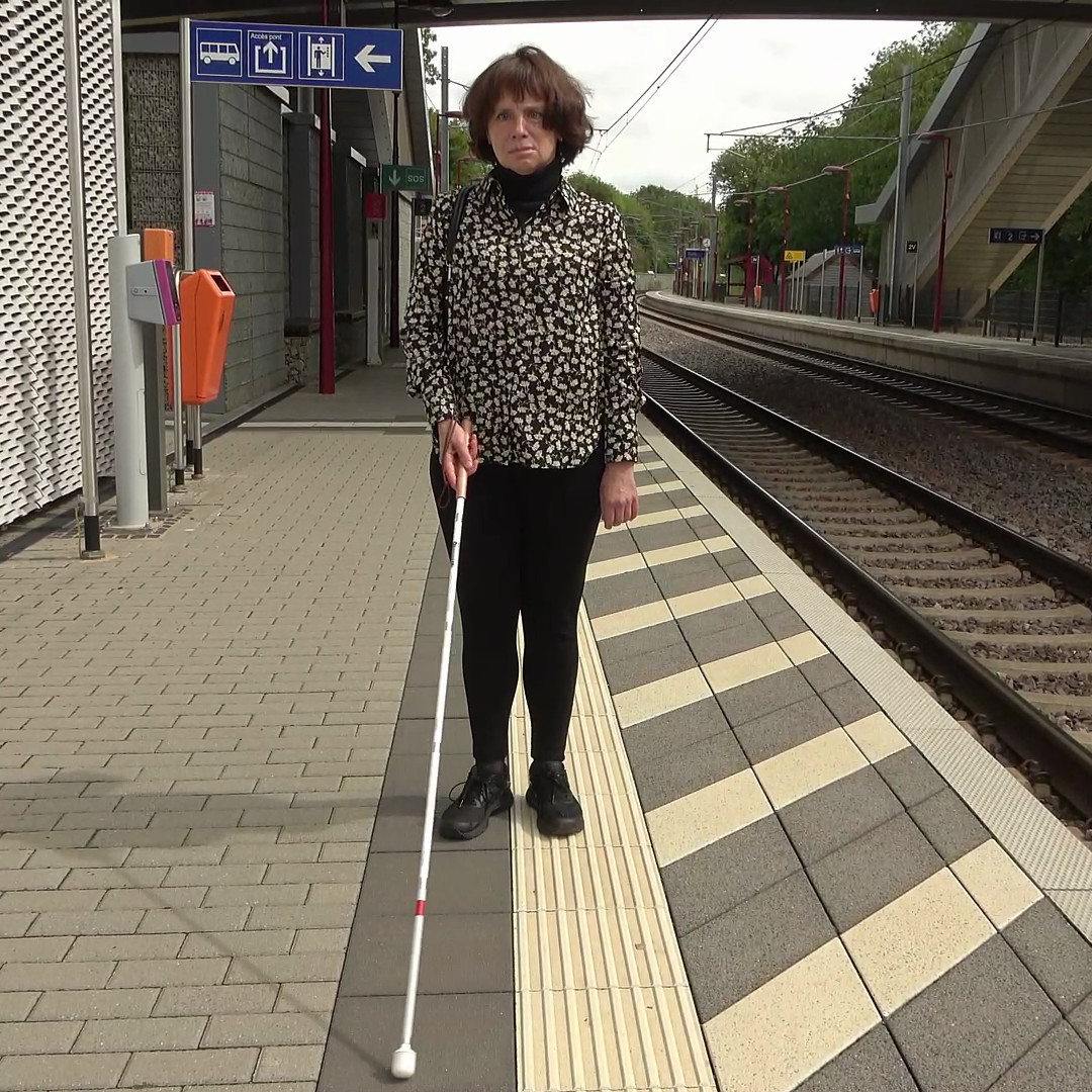 Ich stehe mit Langstock auf einem Bahnsteig. Auf dem Boden befindet sich eine Leitlinie, die parallel zu den Gleisen verläuft.