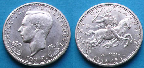 Johann der Blinde 100 Franken Gedenkmünze von 1946  (Luxemburgs erste Nachkriegsserie)