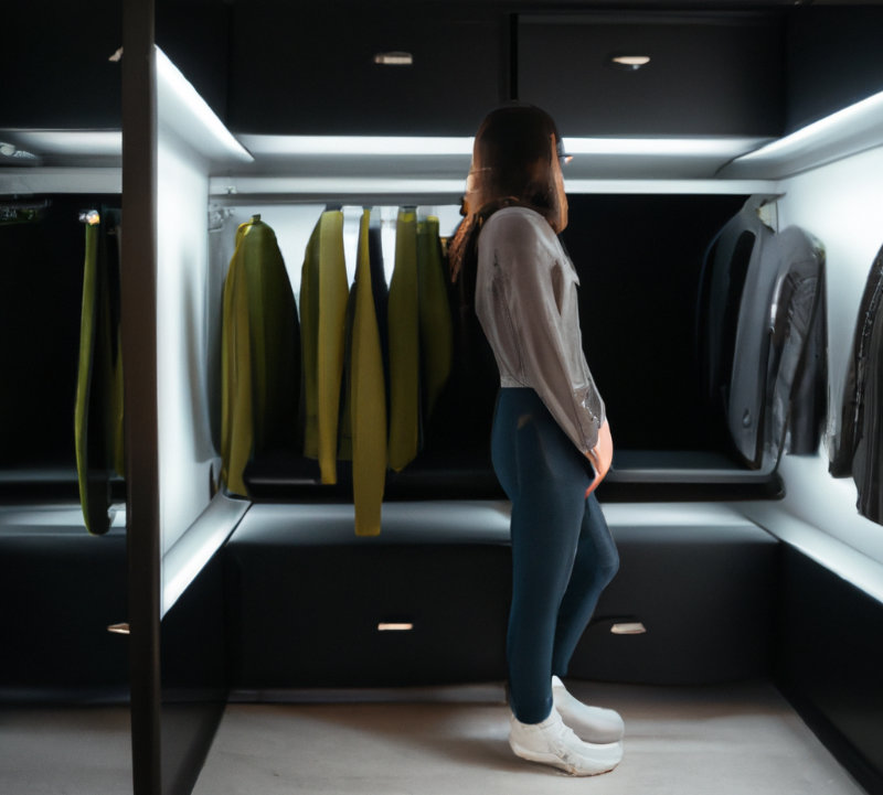 Frau geht mit Pulli in einen begehbaren Kleiderschrank und wird gescannt.