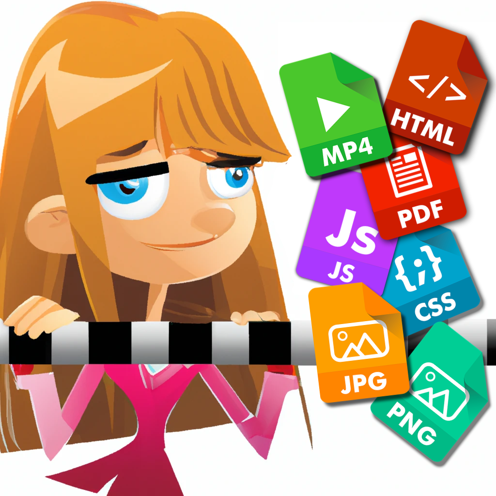 Im Comicstil ein Mädchen hinter einer Schranke, davor befinden sich Icons von Dateitypen.